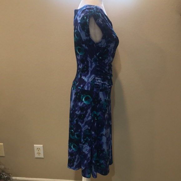 Enfocus Studio Purple Floral Ruched Waist/Shoulder Fit & Flare Midi Dress-Size 8 - Picture 8 of 13